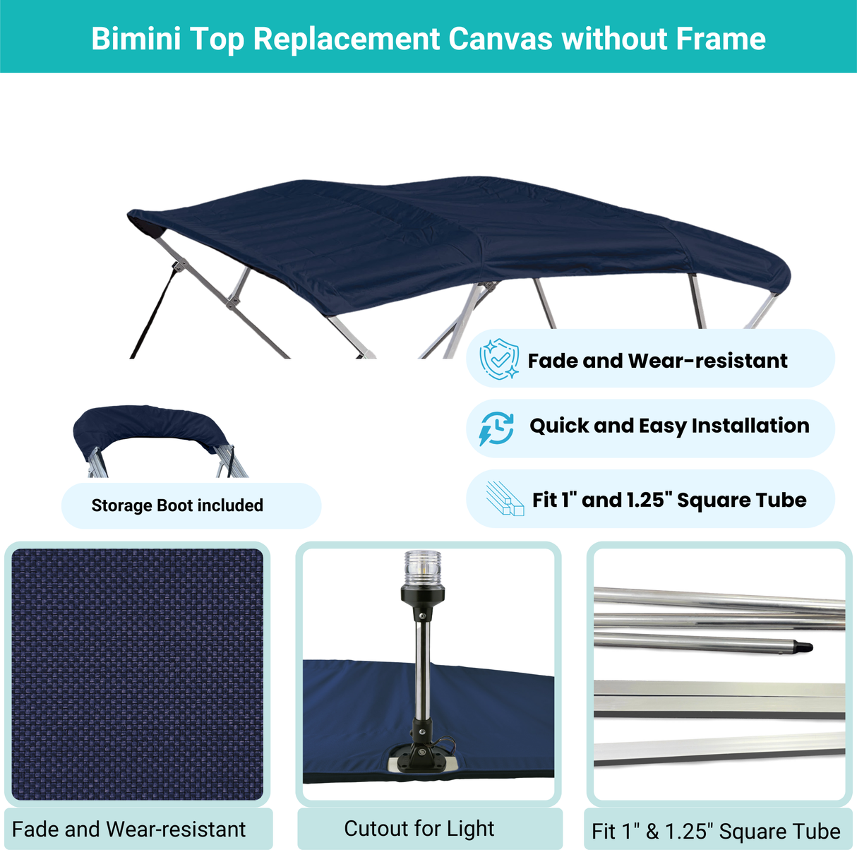 Navy Bimini top replacement canvas include storage boot, both with cutout for light, featuring fade and wear-resistant material.