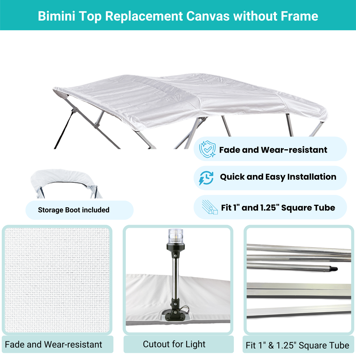 White Bimini top replacement canvas include storage boot, both with cutout for light, featuring fade and wear-resistant material.