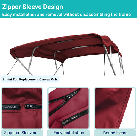 Burgundy 4-bow Bimini top with durable marine polyester canvas, featuring bound hems and zipper sleeves for easy setup.