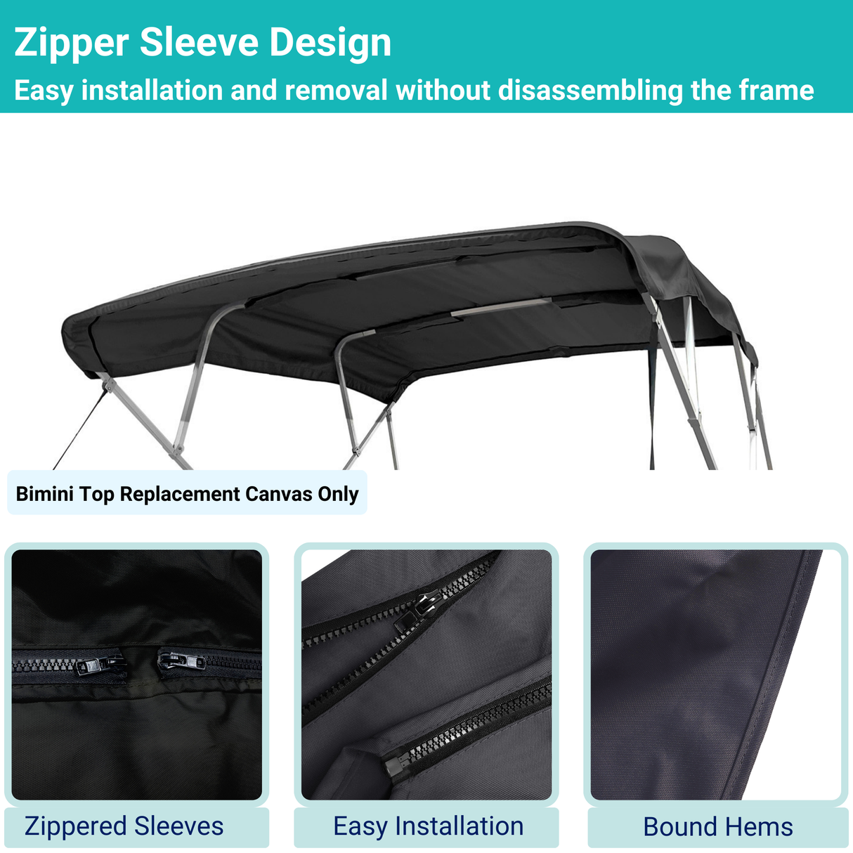 Black 4-bow Bimini top with durable marine polyester canvas, featuring bound hems and zipper sleeves for easy setup.