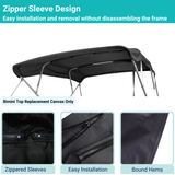Black 4-bow Bimini top with durable marine polyester canvas, featuring bound hems and zipper sleeves for easy setup.