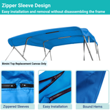 Blue 4-bow Bimini top with durable marine polyester canvas, featuring bound hems and zipper sleeves for easy setup.