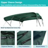 Green Bimini top replacement canvas include storage boot, both with cutout for light, featuring fade and wear-resistant material.