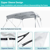 White 4-bow Bimini top with durable marine polyester canvas, featuring bound hems and zipper sleeves for easy setup.
