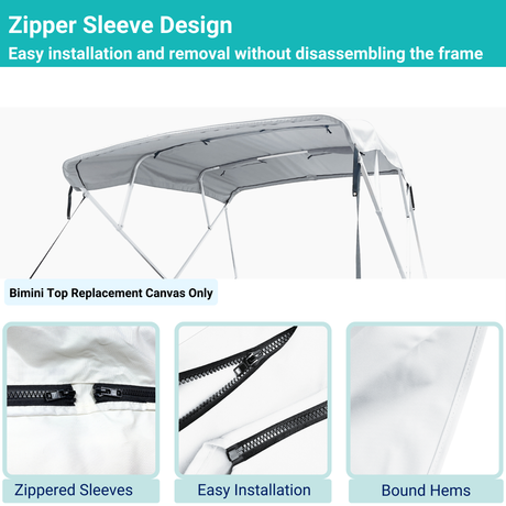 White 4-bow Bimini top with durable marine polyester canvas, featuring bound hems and zipper sleeves for easy setup.