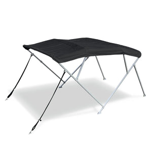 10' black 4-bow boat Bimini top with square aluminum frame, marine-grade polyester canvas, boot, rear poles & front straps.