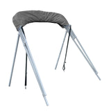 Folded 4-bow Bimini top for boats, stored in gray protective boot, featuring square aluminum frame, rear poles, and front tie-down straps