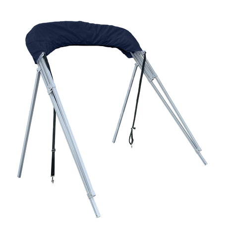 Folded 4-bow Bimini top for boats, stored in navy protective boot, featuring square aluminum frame, rear poles, and front tie-down straps