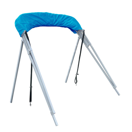 Folded 4-bow Bimini top for boats, stored in blue protective boot, featuring square aluminum frame, rear poles, and front tie-down straps.