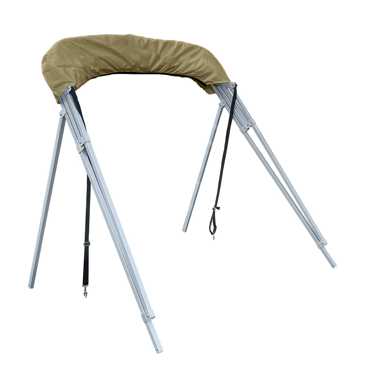 Folded 4-bow Bimini top for boats, stored in beige protective boot, featuring square aluminum frame, rear poles, and front tie-down straps