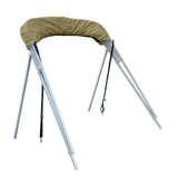 Folded 4-bow Bimini top for boats, stored in beige protective boot, featuring square aluminum frame, rear poles, and front tie-down straps