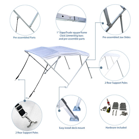 Close-up of the square tube frame showing the easy-to-use quick click connecting bars for fast installation.