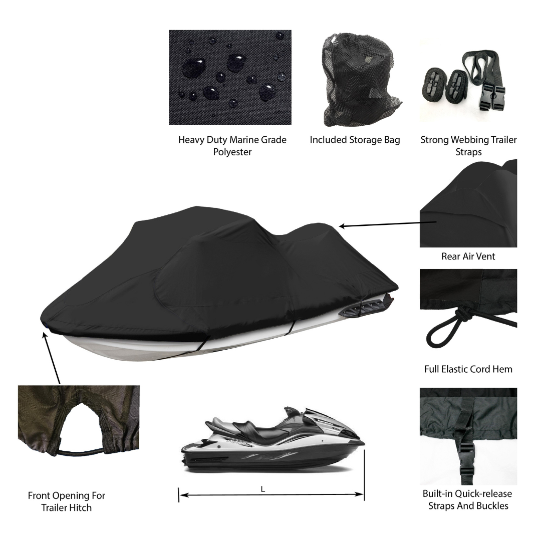 Black jet ski cover made with heavy duty marine grade polyester, included with a storage bag, strong webbing trailer straps, rear air vent, full elastic cord hem, built-in quick release straps and buckles, and a front opening for trailer hitch.