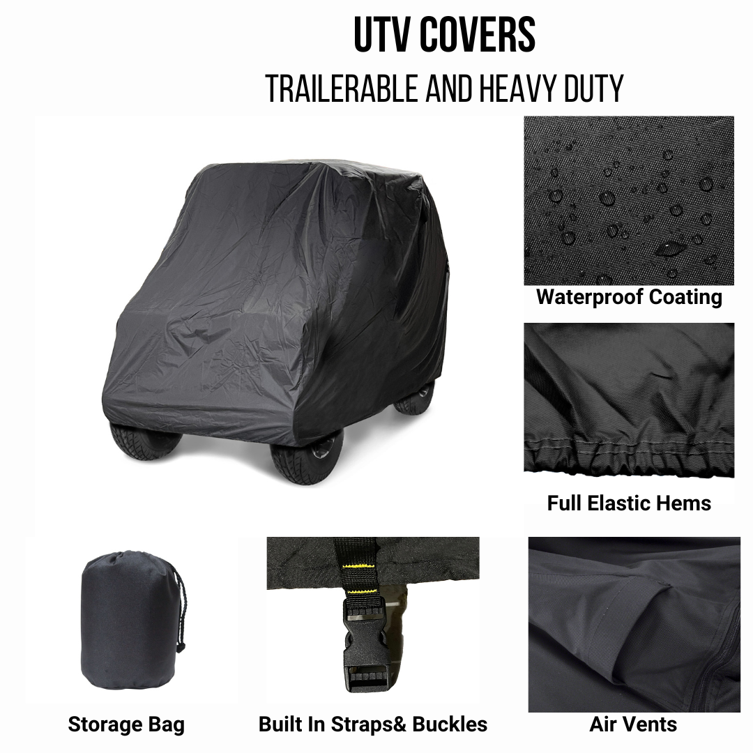 Trailerable and heavy duty Black UTV Cover that has waterproof coating, full elastic hems, air vents, built in straps and buckles, and a storage bag.