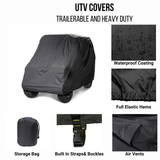 Trailerable and heavy duty Black UTV Cover that has waterproof coating, full elastic hems, air vents, built in straps and buckles, and a storage bag.