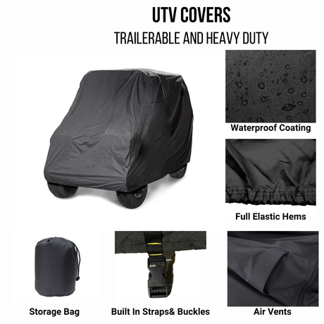 Trailerable and heavy duty Black UTV Cover that has waterproof coating, full elastic hems, air vents, built in straps and buckles, and a storage bag.