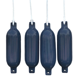 Black boat fender 4 pack featuring G-type ribbed inflatable boat bumpers made from marine-grade PVC, designed to protect boats and docks from impact, abrasion, and scratches during docking and mooring