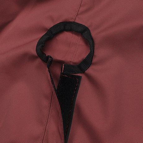 Close-up of SAVVYCRAFT® burgundy waterproof boat steering wheel cover showing elastic opening and reinforced fastening strap for secure marine fit