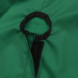 Close-up of SAVVYCRAFT® green waterproof boat steering wheel cover showing elastic opening and reinforced fastening strap for secure marine fit