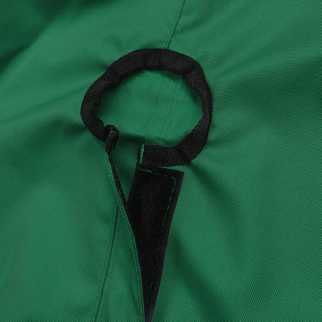 Close-up of SAVVYCRAFT® green waterproof boat steering wheel cover showing elastic opening and reinforced fastening strap for secure marine fit