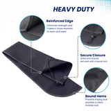 Heavy-duty black boat tiller cover with drawstring closure and barrel lock, featuring reinforced stitching and bound hems for maximum marine durability