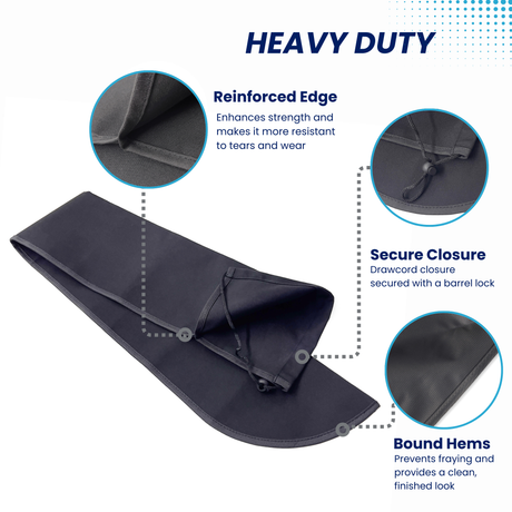 Heavy-duty black boat tiller cover with drawstring closure and barrel lock, featuring reinforced stitching and bound hems for maximum marine durability