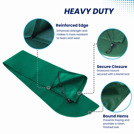 Heavy-duty green boat tiller cover with drawstring closure and barrel lock, featuring reinforced stitching and bound hems for maximum marine durability