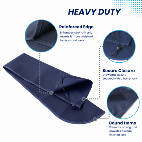 Heavy-duty navy boat tiller cover with drawstring closure and barrel lock, featuring reinforced stitching and bound hems for maximum marine durability