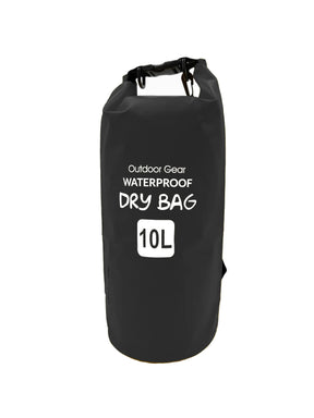 10L black waterproof dry bag backpack with roll-top closure and adjustable shoulder strap for kayaking, boating, camping, and hiking