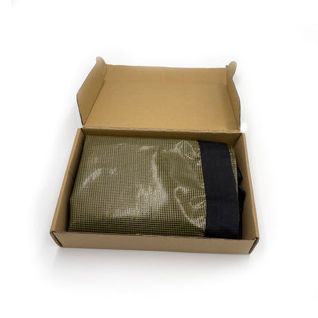 Compact folded Savvycraft yellow mesh drift sock showing small storage size inside box.