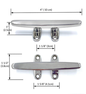 4-inch Savvycraft stainless steel boat dock cleat with dimensions shown in inches and centimeters, highlighting a 1 5/8-inch mounting hole spacing and 1 1/2-inch total width.