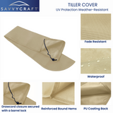 Close-up details of SAVVYCRAFT beige marine tiller cover demonstrating water repellency, reinforced stitching, and secure drawstring fit for all-weather protection.
