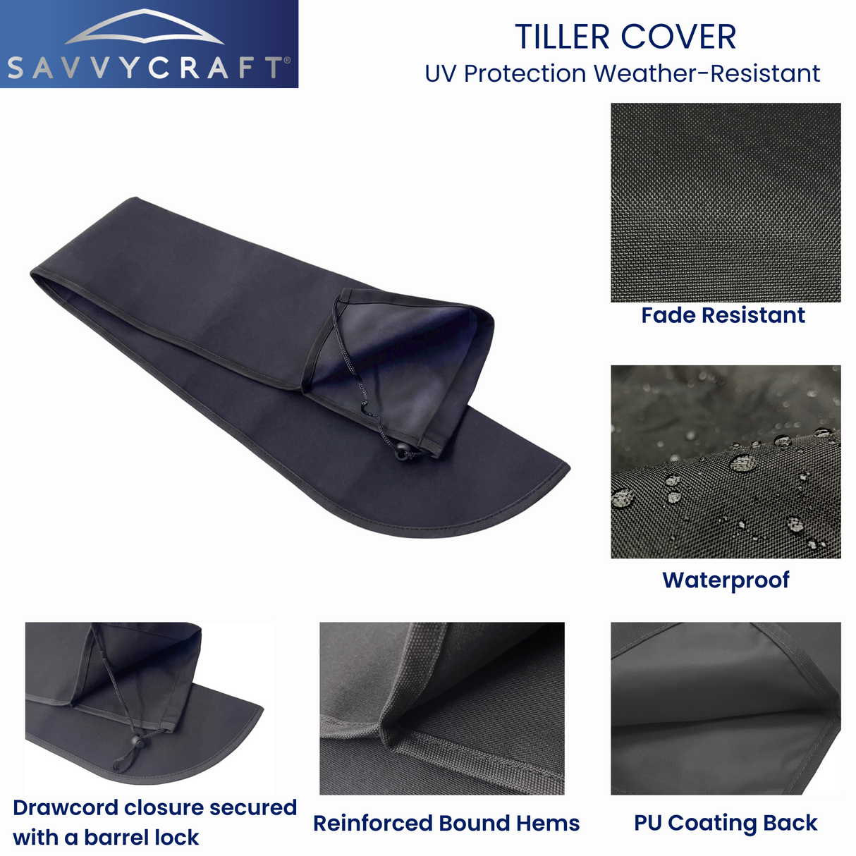 Close-up details of SAVVYCRAFT black marine tiller cover demonstrating water repellency, reinforced stitching, and secure drawstring fit for all-weather protection.