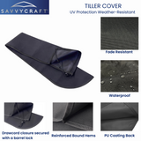 Close-up details of SAVVYCRAFT black marine tiller cover demonstrating water repellency, reinforced stitching, and secure drawstring fit for all-weather protection.