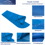 Close-up details of SAVVYCRAFT blue marine tiller cover demonstrating water repellency, reinforced stitching, and secure drawstring fit for all-weather protection.
