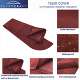 Close-up details of SAVVYCRAFT burgundy marine tiller cover demonstrating water repellency, reinforced stitching, and secure drawstring fit for all-weather protection.