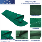 Close-up details of SAVVYCRAFT green marine tiller cover demonstrating water repellency, reinforced stitching, and secure drawstring fit for all-weather protection.