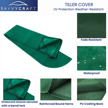 Close-up details of SAVVYCRAFT green marine tiller cover demonstrating water repellency, reinforced stitching, and secure drawstring fit for all-weather protection.