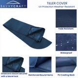 Close-up details of SAVVYCRAFT navy marine tiller cover demonstrating water repellency, reinforced stitching, and secure drawstring fit for all-weather protection.