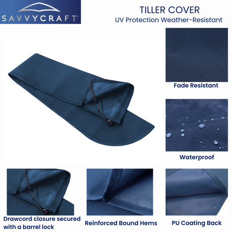 Close-up details of SAVVYCRAFT navy marine tiller cover demonstrating water repellency, reinforced stitching, and secure drawstring fit for all-weather protection.
