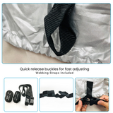 White elasticized hem cover with black webbing straps and quick release buckles on a beige surface.