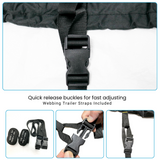 Close up view of adjustable elastic cord with integrated loops and webbing trailer straps for easy installation and buckles for a snug, stable fit.