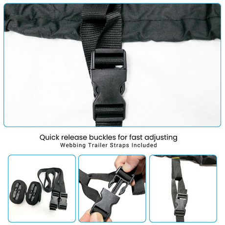 Close up view of adjustable elastic cord with integrated loops and webbing trailer straps for easy installation and buckles for a snug, stable fit.