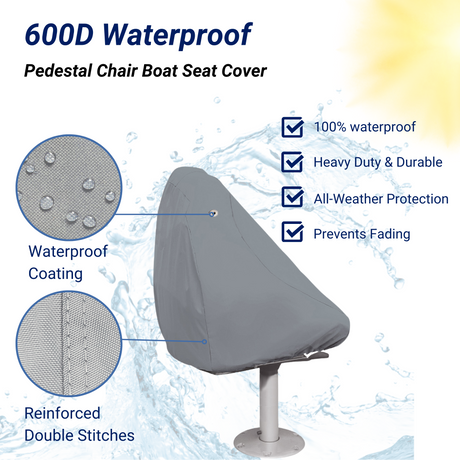 SavvyCraft heavy-duty boat pedestal chair cover featuring 100% waterproof 600D fabric, reinforced seams for durability, and UV protection to prevent fading