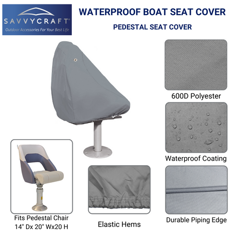 SavvyCraft® waterproof boat pedestal seat cover made from 600D polyester with waterproof coating, elastic hems, and durable piping edge for marine seat protection