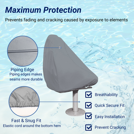 SavvyCraft® waterproof boat pedestal chair cover made from 600D polyester with waterproof coating, elastic hems, and durable piping edge for marine seat protection, easy installation