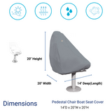 SavvyCraftÂ® waterproof folding boat seat cover showing dimensions 14 inch deep x 20 inch wide x 20 inch high, designed for marine seat protection.