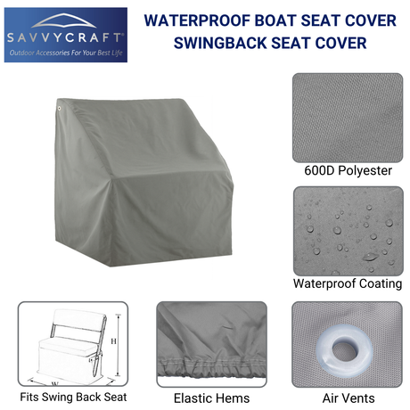 SavvyCraft waterproof swing back boat seat cover - 600D polyester fabric texture, water repellent coating, secure fasteners, and breathable air vents.