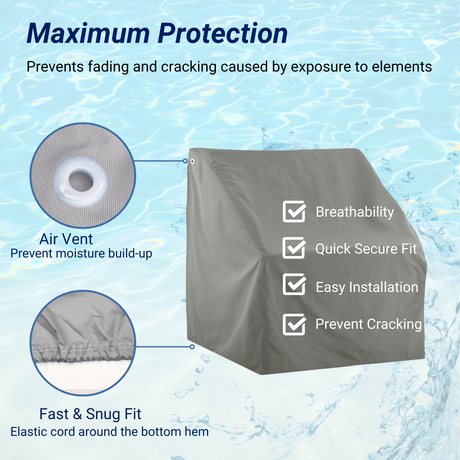 SavvyCraft waterproof swing back boat seat cover - 600D polyester fabric texture, water repellent coating, secure fasteners, and breathable air vents.