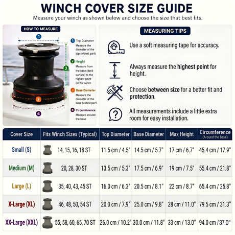 SavvyCraft sailboat winch cover size guide and measurement chart, detailing dimensions for sizes Small through XX-Large.